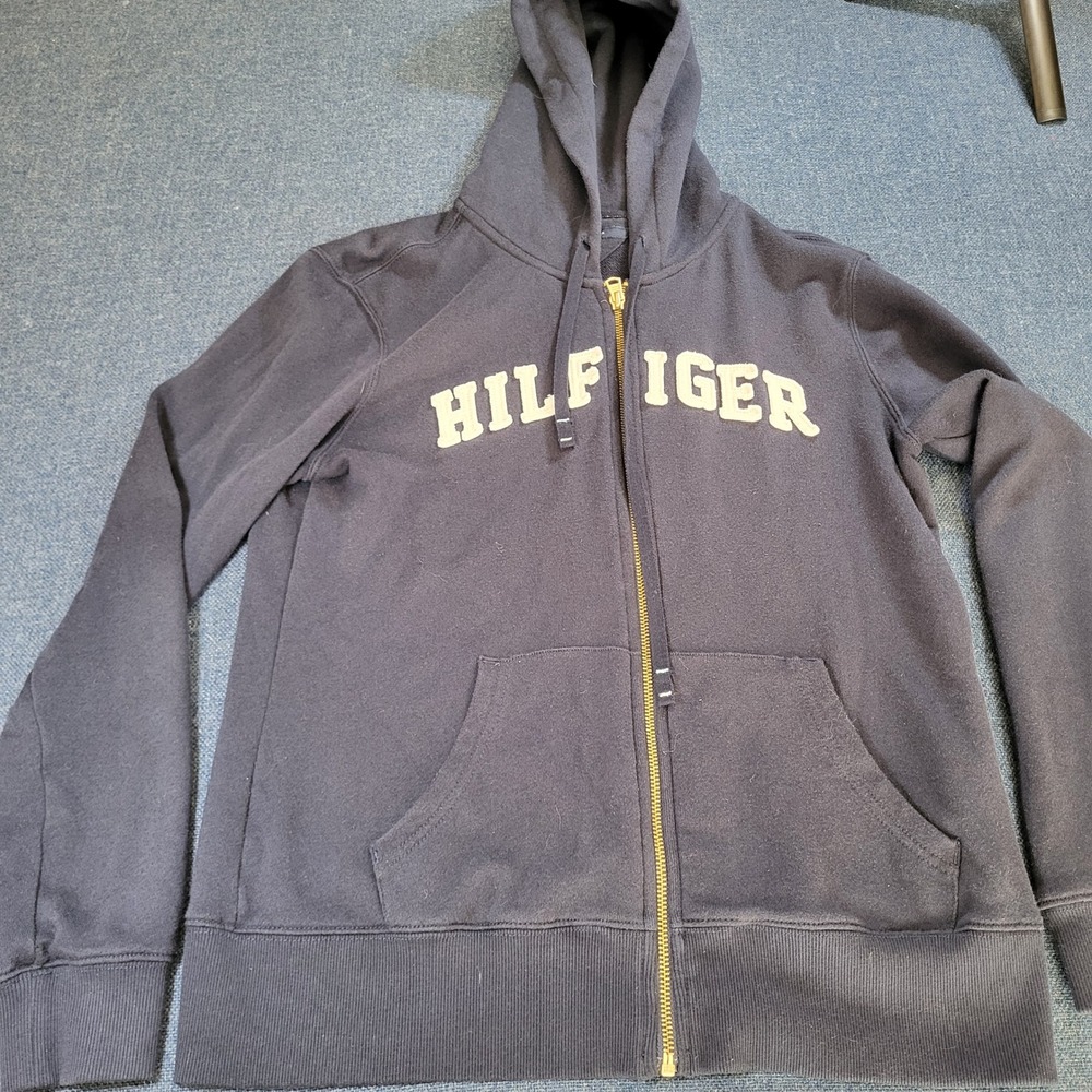 Tommy Hilfiger Womens Navy Blue Full Zip Fleece Hoodie Sweatshirt Medium Logo